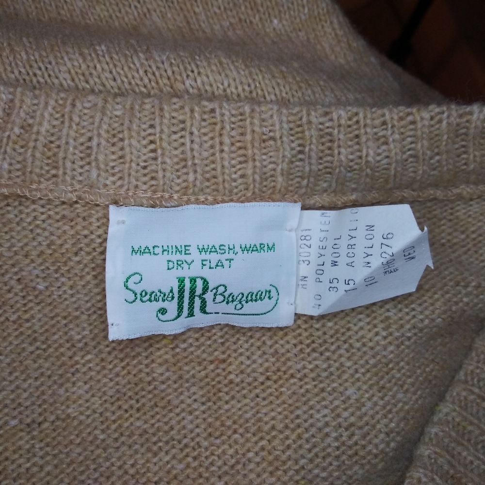 Vintage 60's Sears JR Bazaar Tan Wool Blend Academia Style Button Front Cardigan - Picture 4 of 7